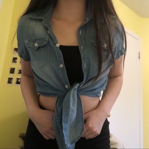 jean material tie-front shirt